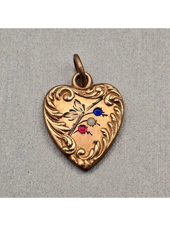 Estate Jewelry - Antique Puffy Heart Charm Gold Filled Repousse Glass Paste Stone Pendant